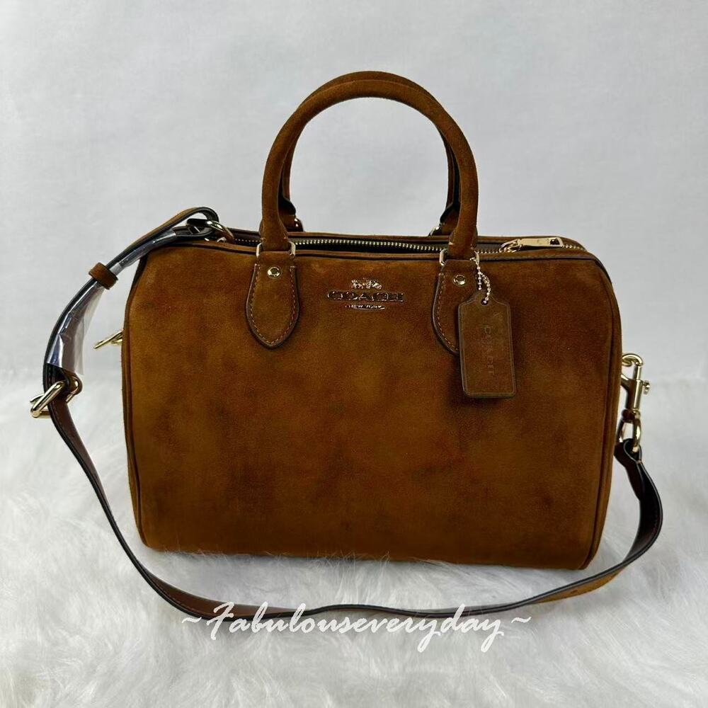 Coach Rowan Large Satchel Bag Shoulder Bag In Suede/Gold/Warm Brown CET42 NWT